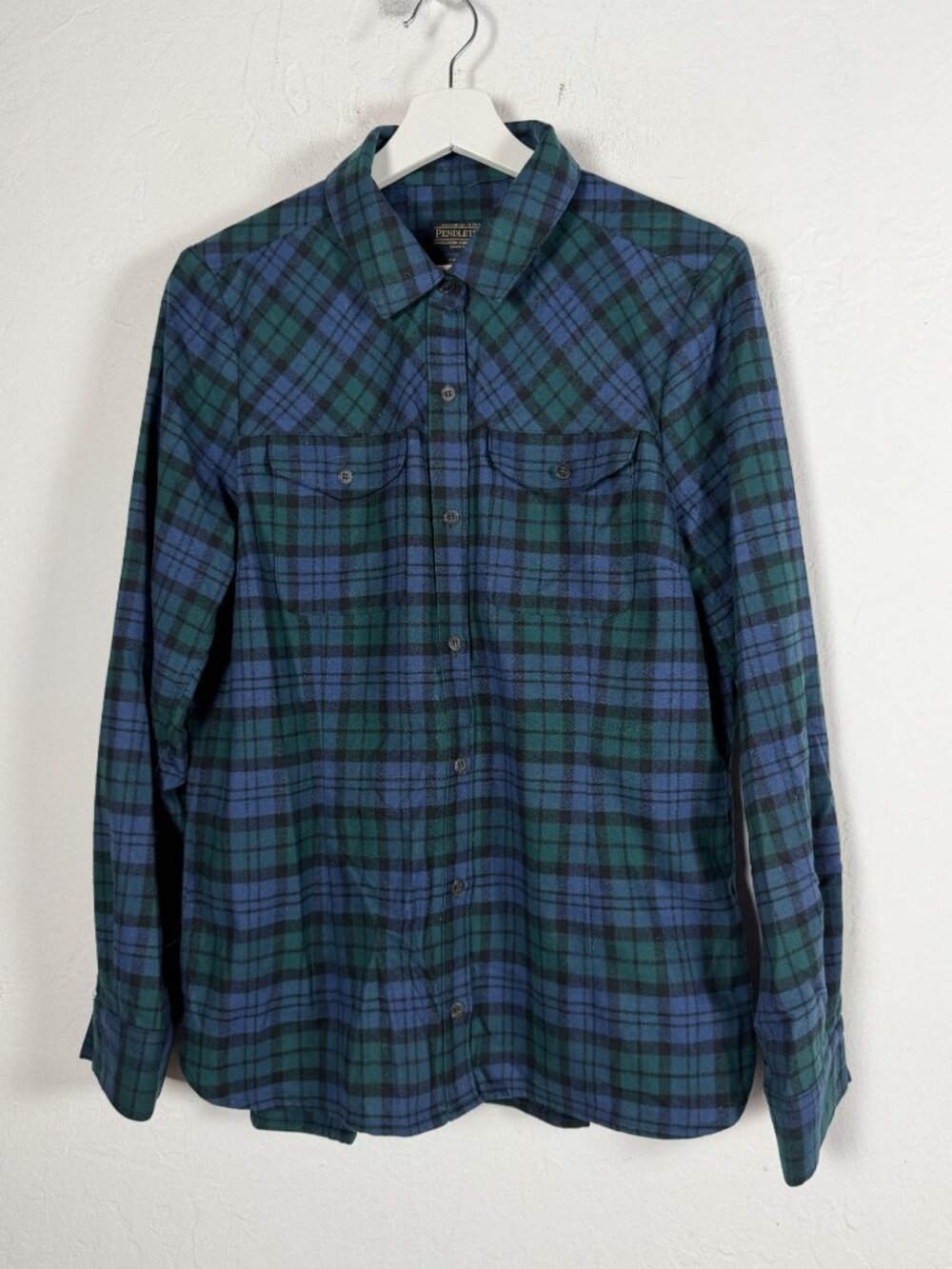 Pendleton Womens Black Watch Plaid Wool Flannel Shirt Trail Button Up Large Navy